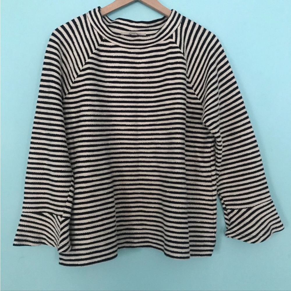 LOFT Black & Cream Striped Bell Sleeve Pullover
